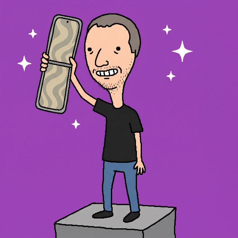 The $FOLD mascot holding a folding phone above his head on a pedestal