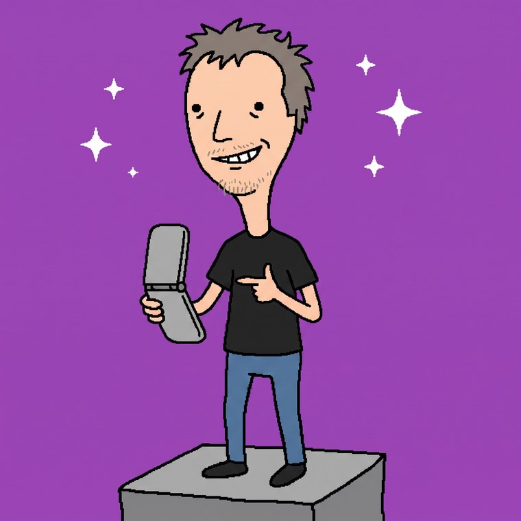 The mascot smugly presenting his folded phone